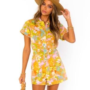 Show Me Your Mumu Mustard Floral Romper with Pastel Pink & Green